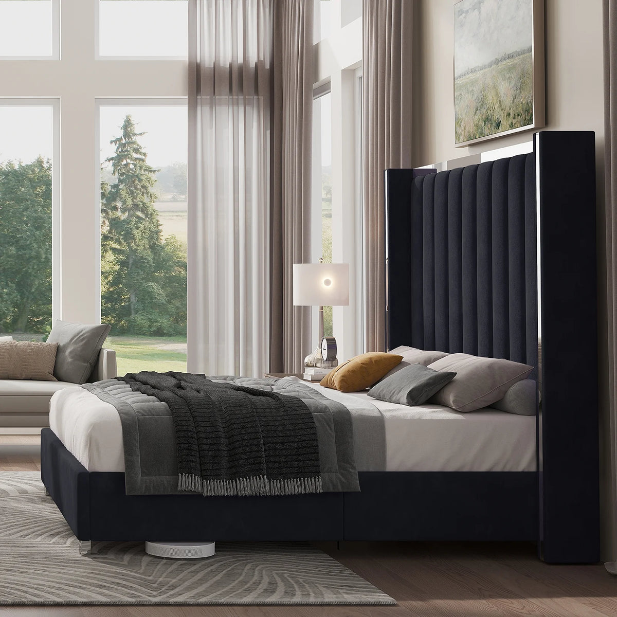 PLAUIN King Size Bed Frame with 58" tall Headboard, Velvet Upholstered Platform bed with Channel Tufted Wingback Headboard and Plating Trim, Black