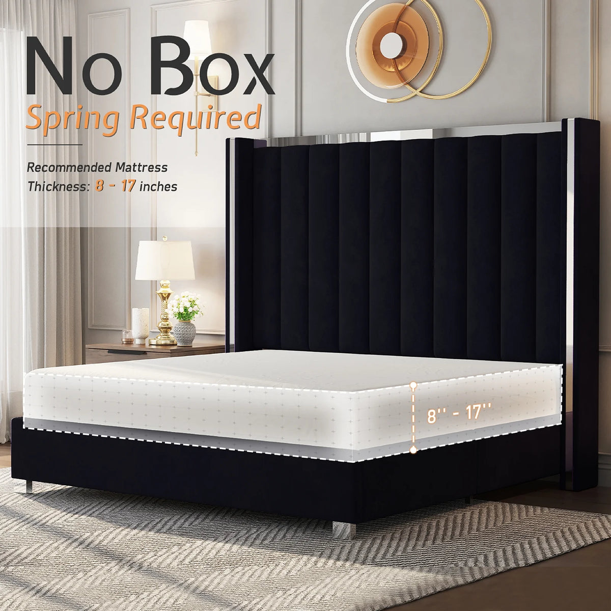 PLAUIN King Size Bed Frame with 58" tall Headboard, Velvet Upholstered Platform bed with Channel Tufted Wingback Headboard and Plating Trim, Black