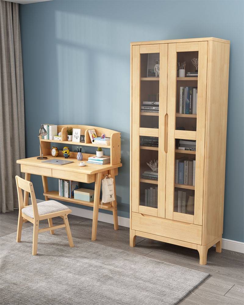 Nordic Solid Wood Oak Bookcase with Toughened Glass with Door to Display Wide Book Cabinet