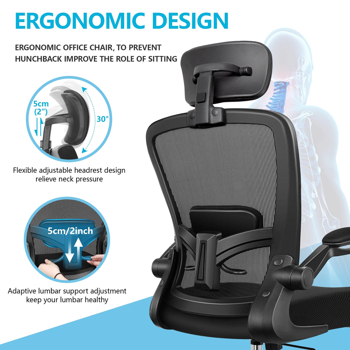 Coolhut High Back Lumbar Support and Armrest Office Desk Chair, Black