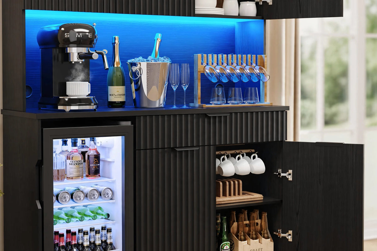 Close-up of home bar station middle section with blue LED lighting, espresso machine, champagne bottle and glassware