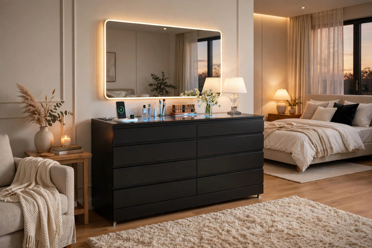Obsidian black 8-drawer double dresser with LED glass top display styled with perfumes, makeup and flowers in cozy modern bedroom
