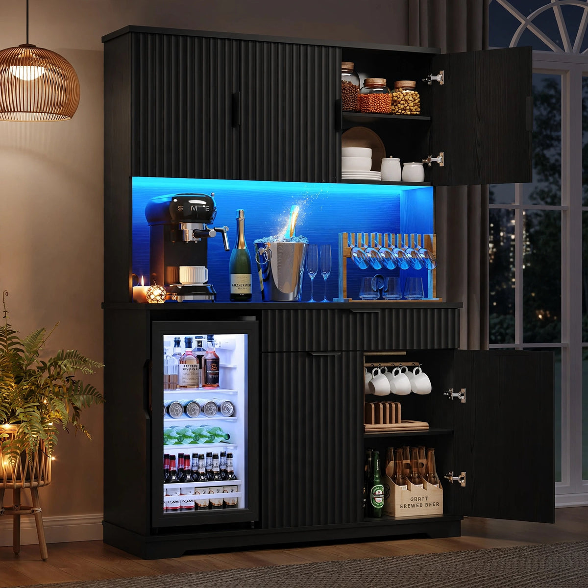 Black ash coffee bar and wine station glowing with blue LED lighting in cozy evening living room setting