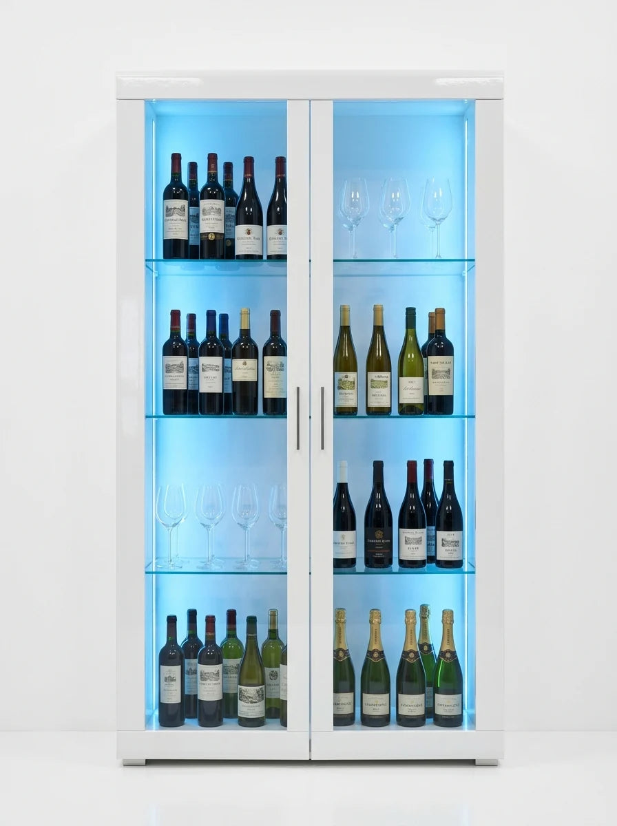 Modern LED Display Cabinet – white glossy finish with wine bottles