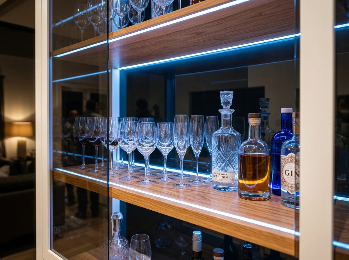 LED Display Cabinet interior with crystal glassware and bar bottles