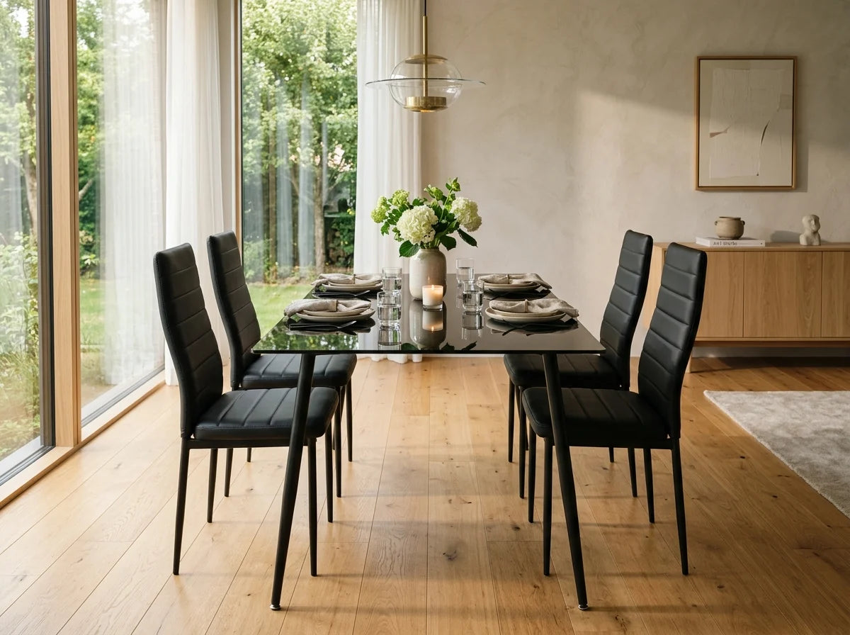 5-Piece Black Dining Set styled in modern dining room with natural light