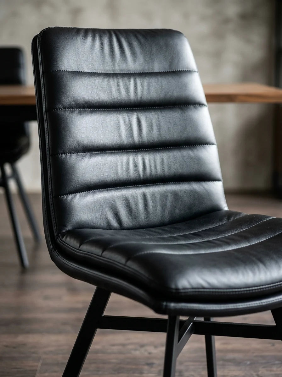 Close-up of black PU leather high-back dining chair with ribbed stitching