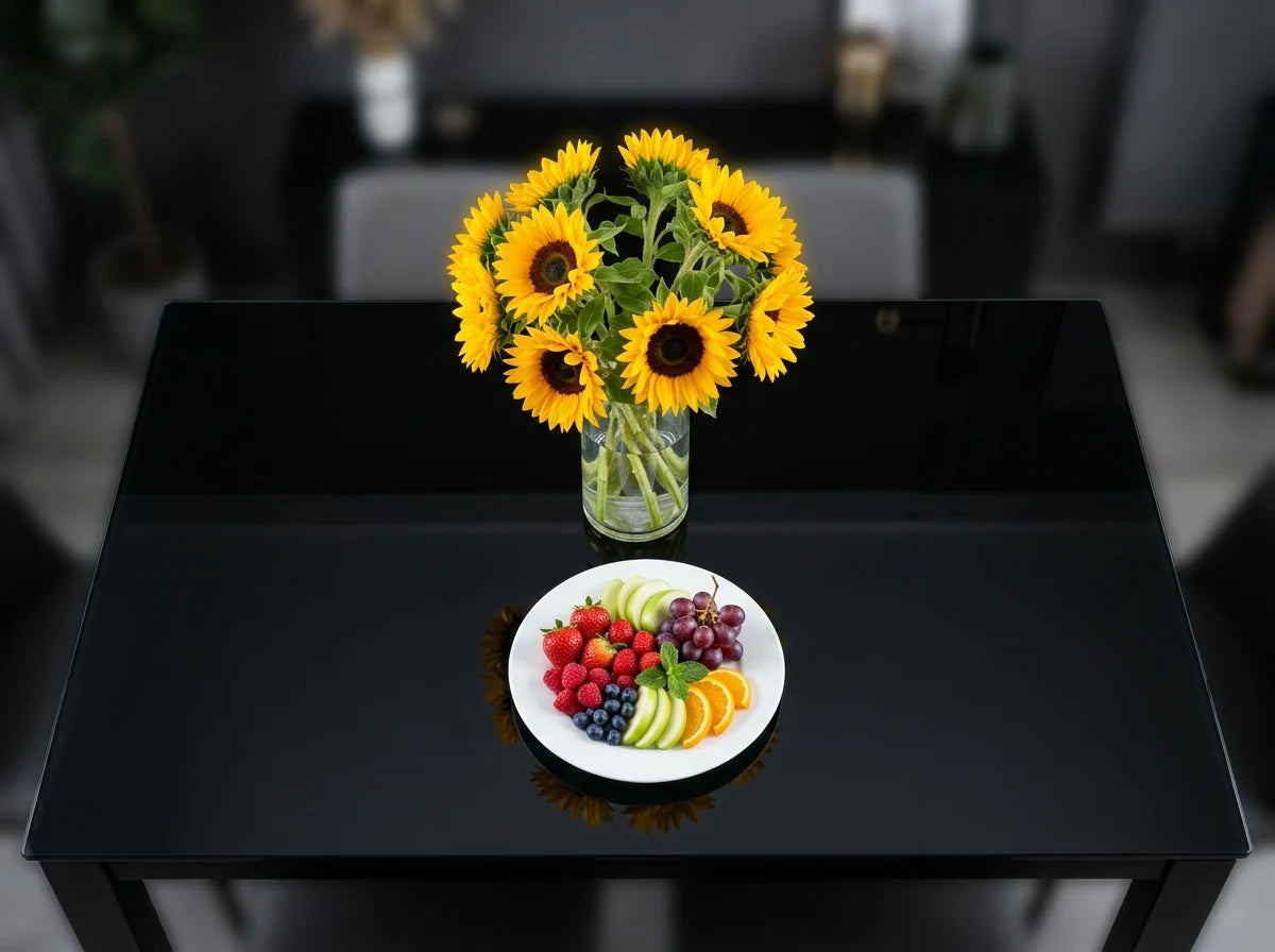Black tempered glass dining table top with sunflower centerpiece