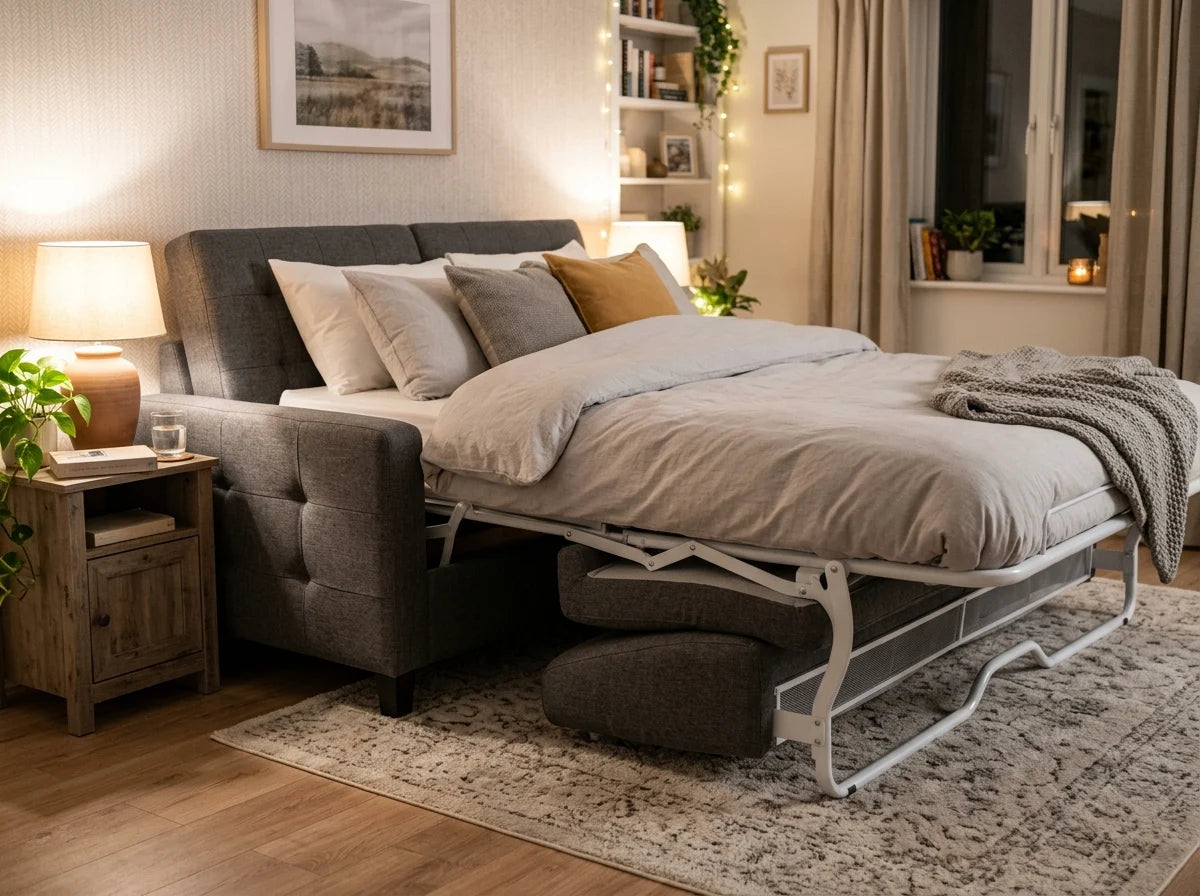 Sofa Bed converted to flat bed mode in cozy bedroom setting