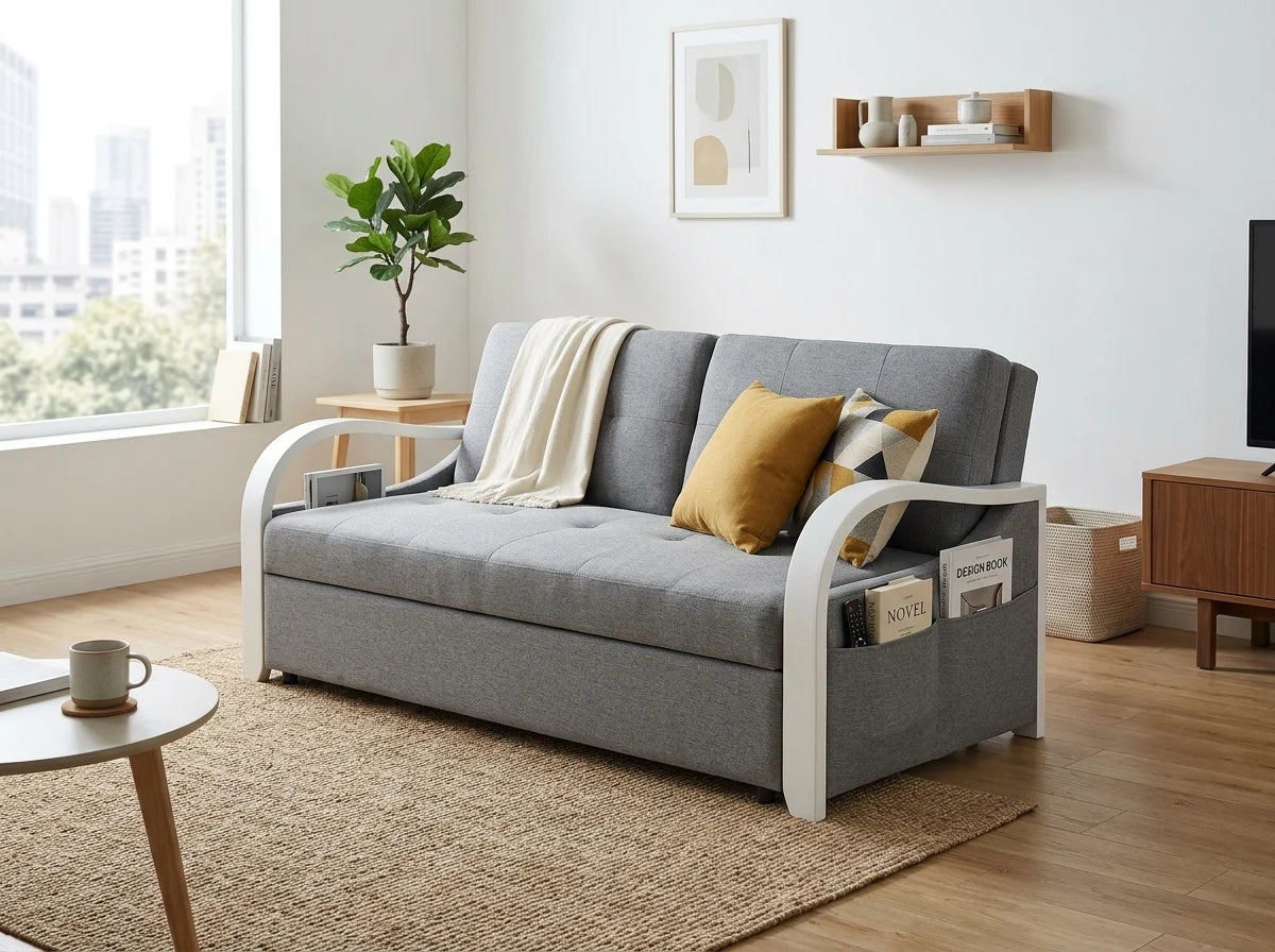 2-in-1 Convertible Sofa Bed in grey linen – sofa mode in modern living room