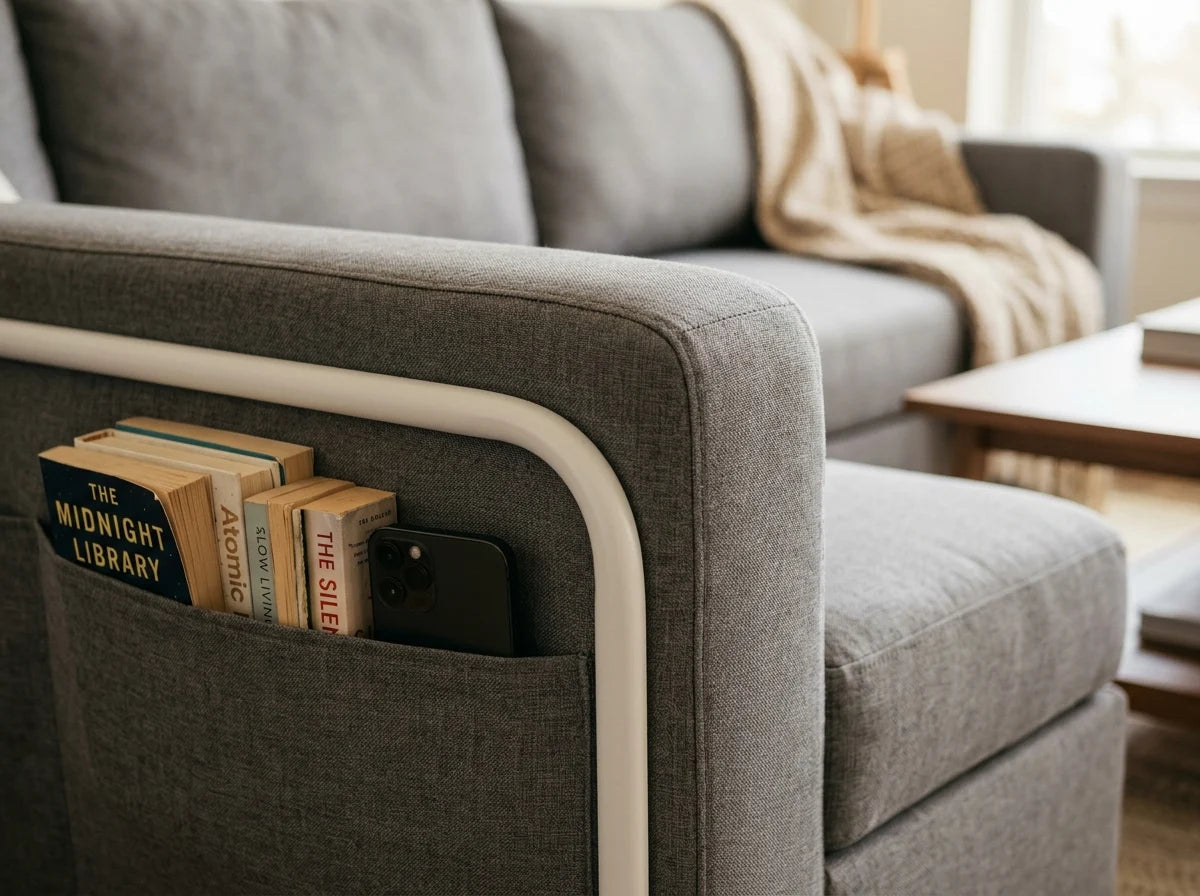 Close-up of built-in side storage pocket with books and phone