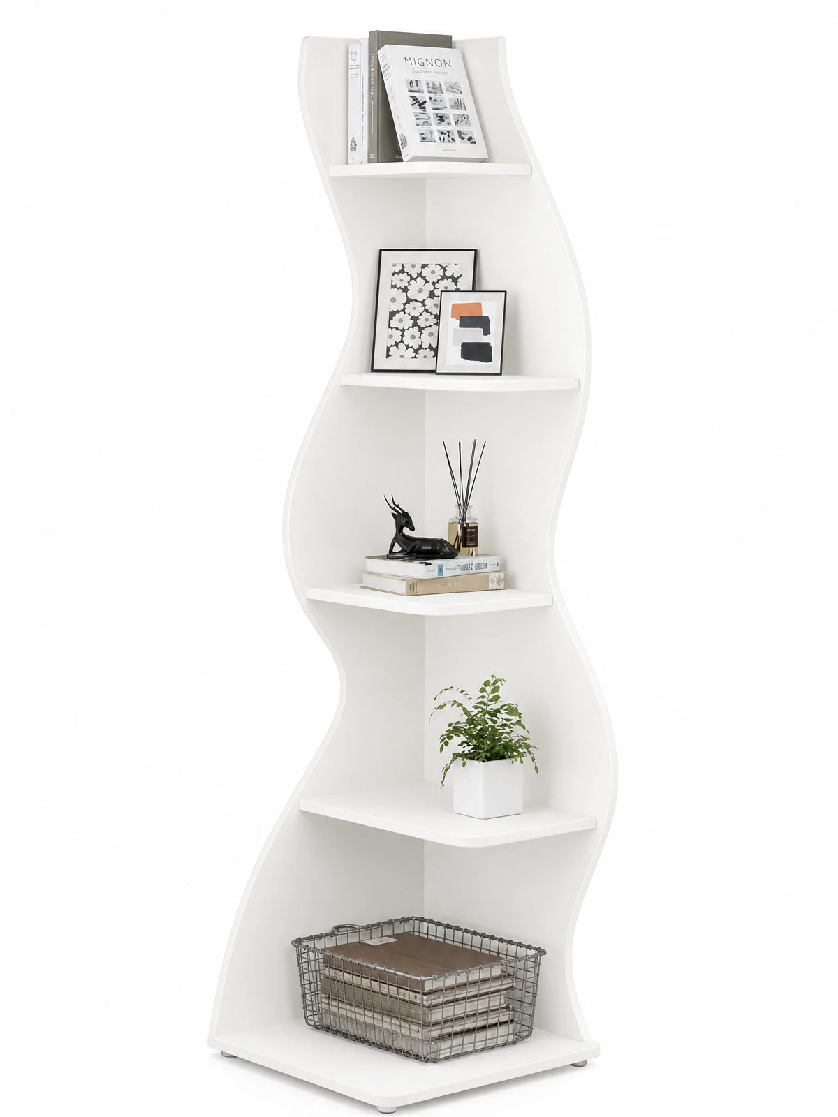 5-Tier Wavy S-Shaped Corner Bookshelf – full product view on white background