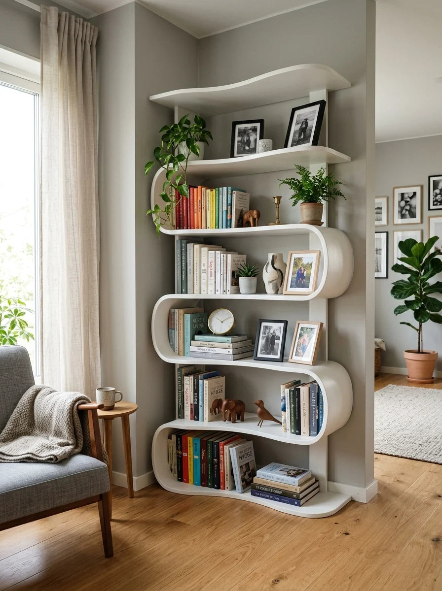 Wavy S-Shaped Bookshelf styled in modern living room with books and plants