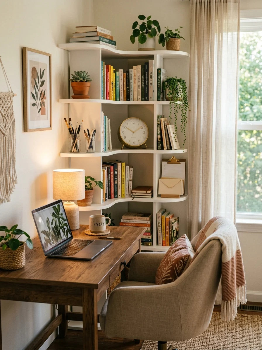 Corner bookshelf in cozy home office with books and decor