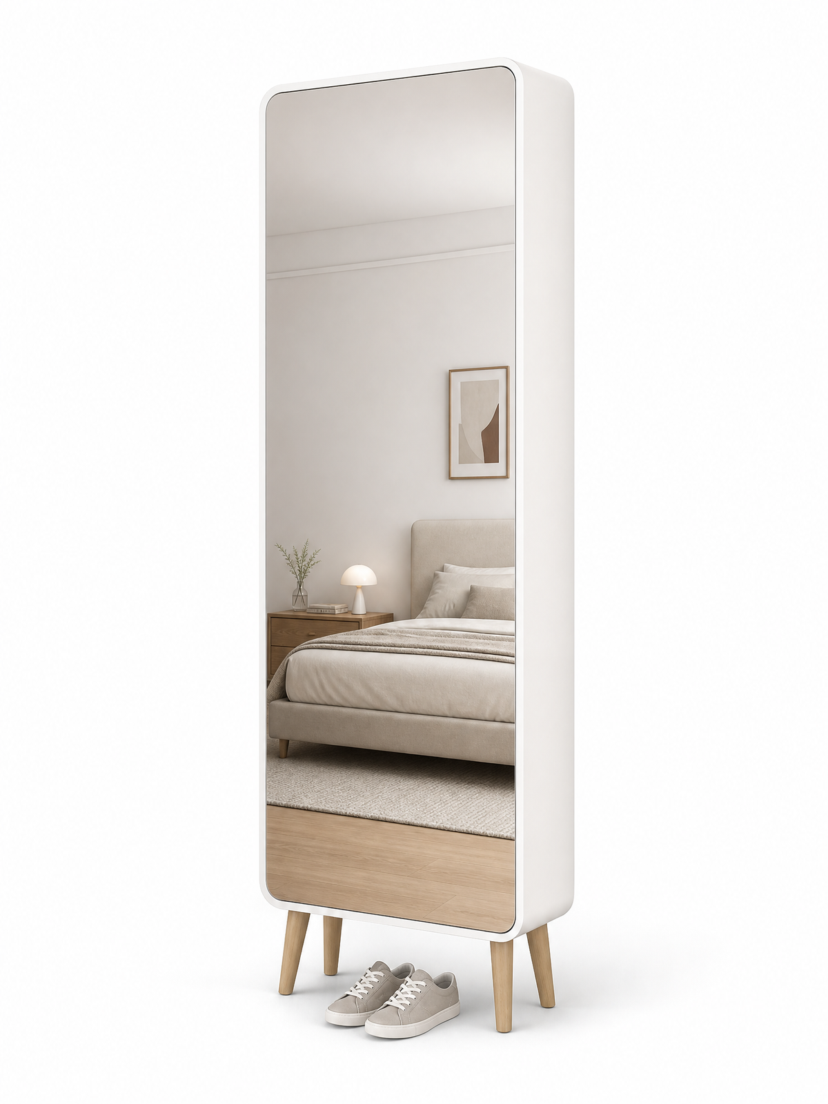 Full Length Mirror Shoe Cabinet – full product view on white background with wooden legs