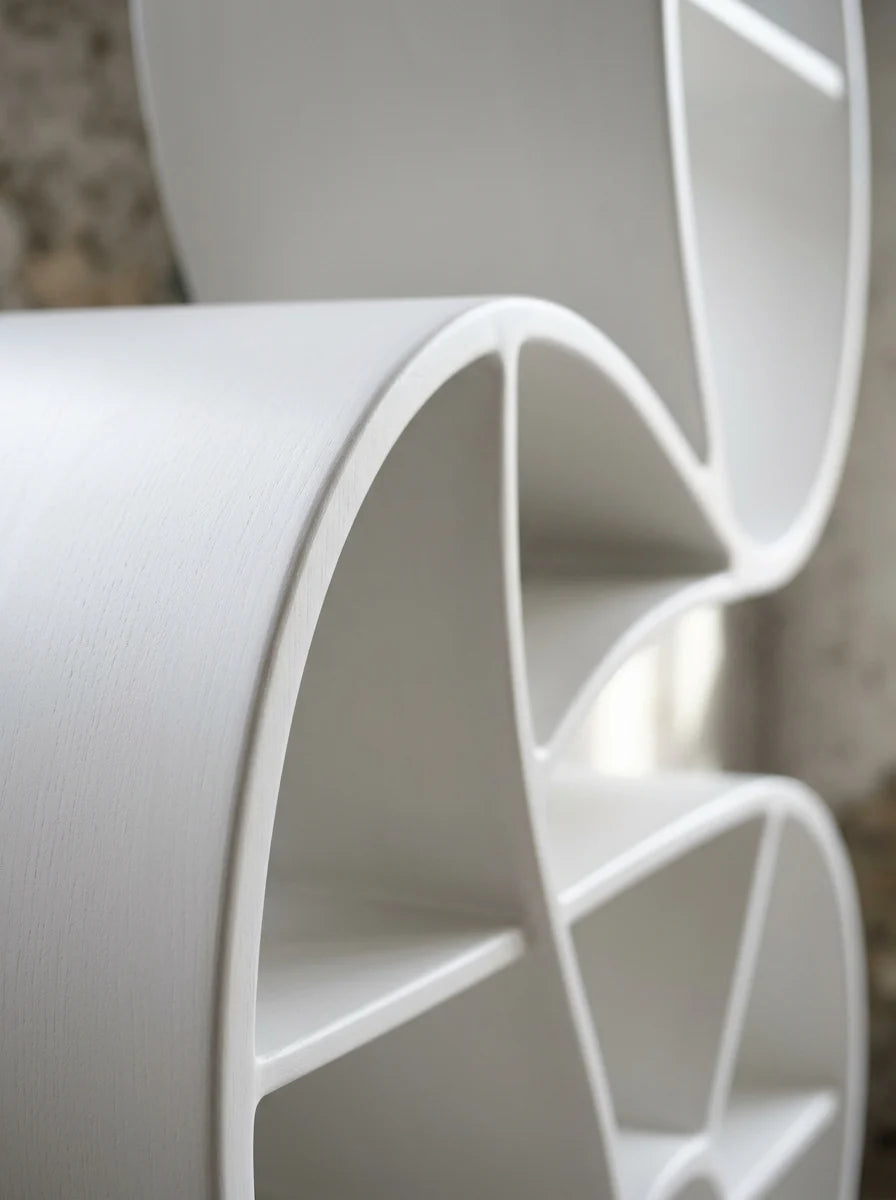 Close-up of wavy S-shaped shelf detail in matte white finish