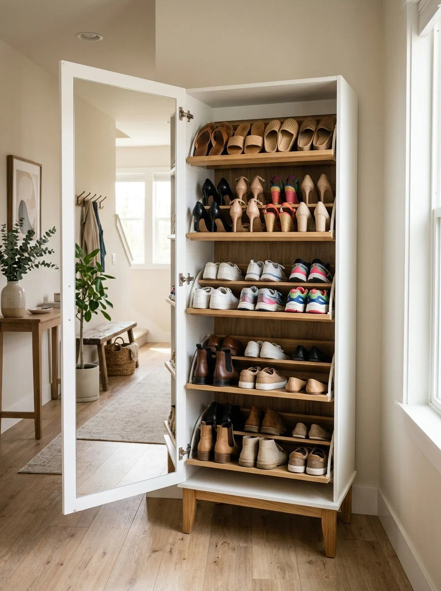 Mirror Shoe Cabinet open showing 5 flip-down shelves filled with shoes