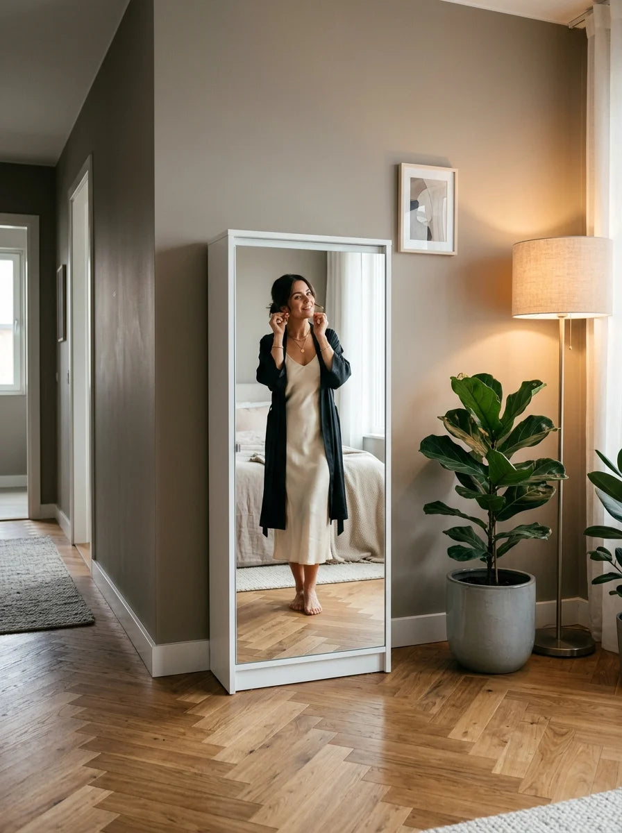 Mirror Shoe Cabinet styled in modern bedroom hallway with woman checking outfit