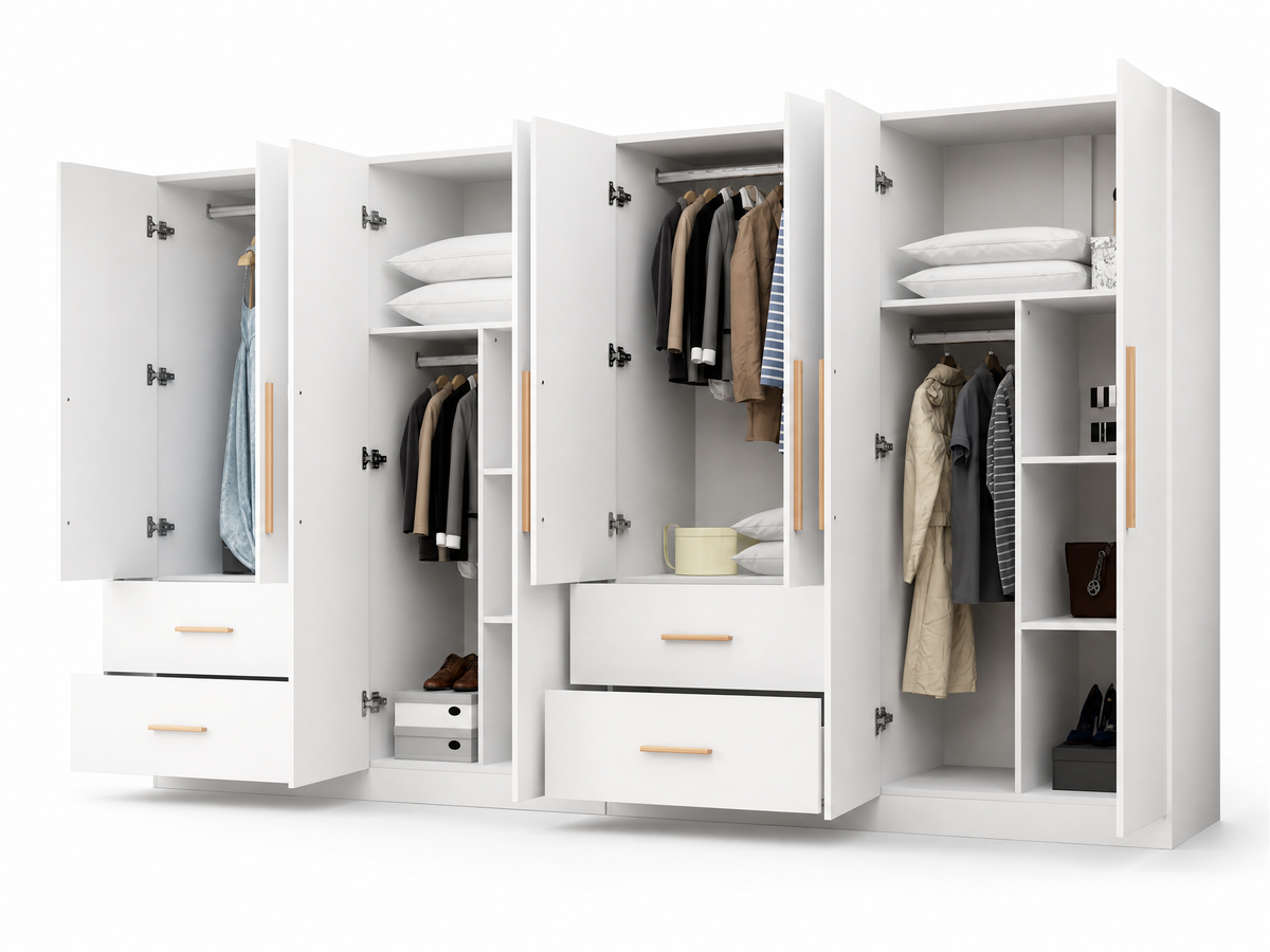 3-section modular wardrobe system shown open with all compartments, drawers and hanging rails visible