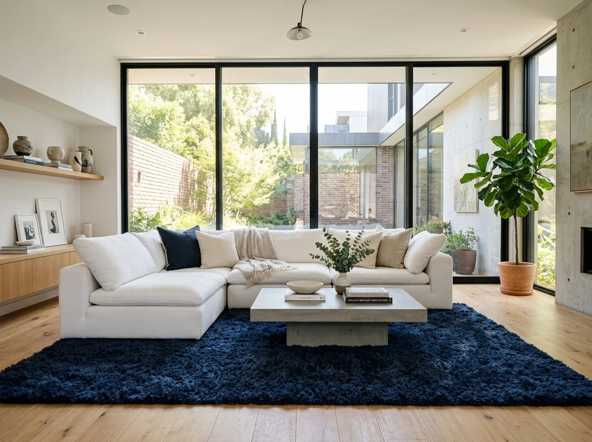 Luxury Navy Blue Fluffy Shag Area Rug – close-up of ultra soft long pile texture