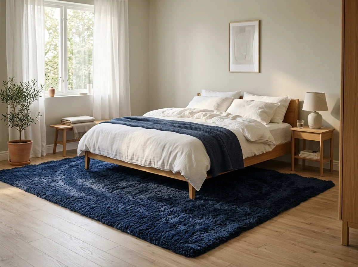 Navy Blue Shag Rug styled in modern Scandinavian bedroom under wooden bed