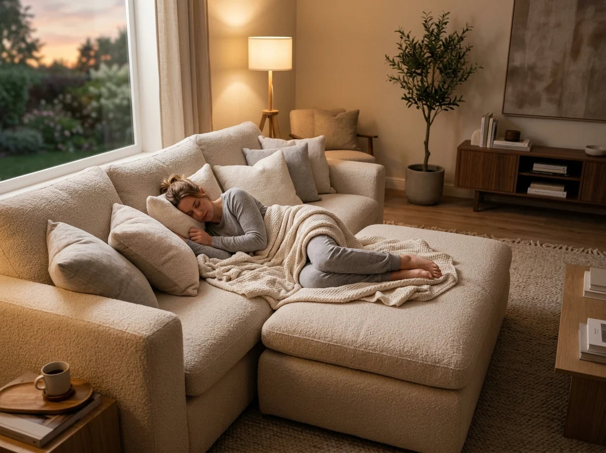 Woman napping on oversized cloud sofa with ottoman in cozy living room at sunset