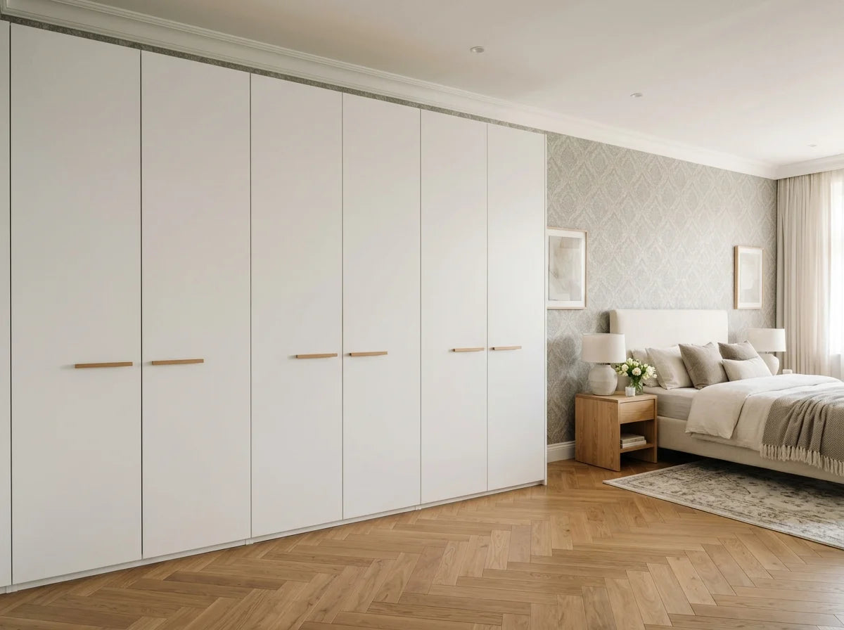 White wardrobe open showing hanging clothes, shelves with bags and shoe compartments in stylish bedroom
