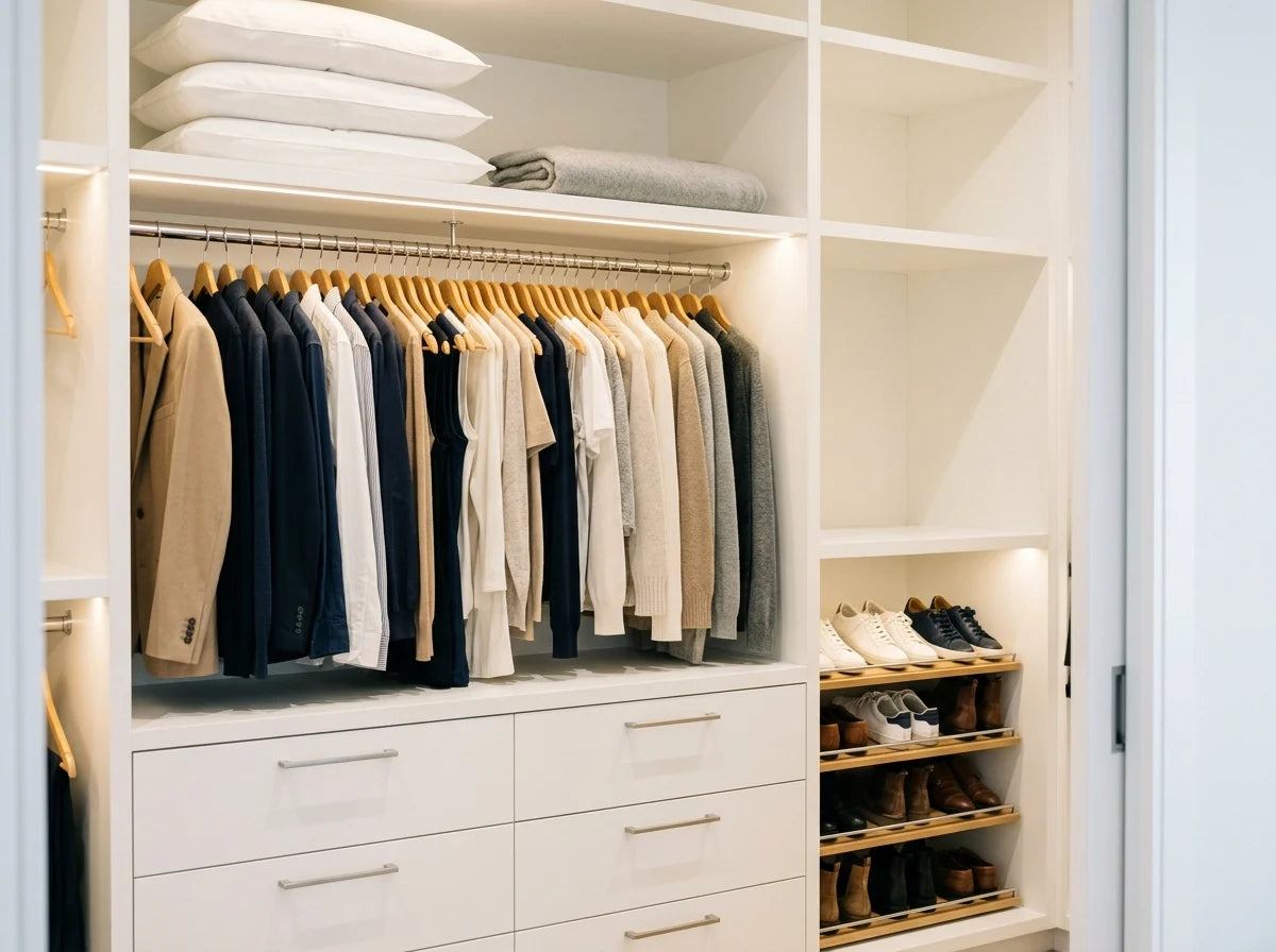 Interior view of wardrobe showing hanging rails, built-in drawers and shoe shelves