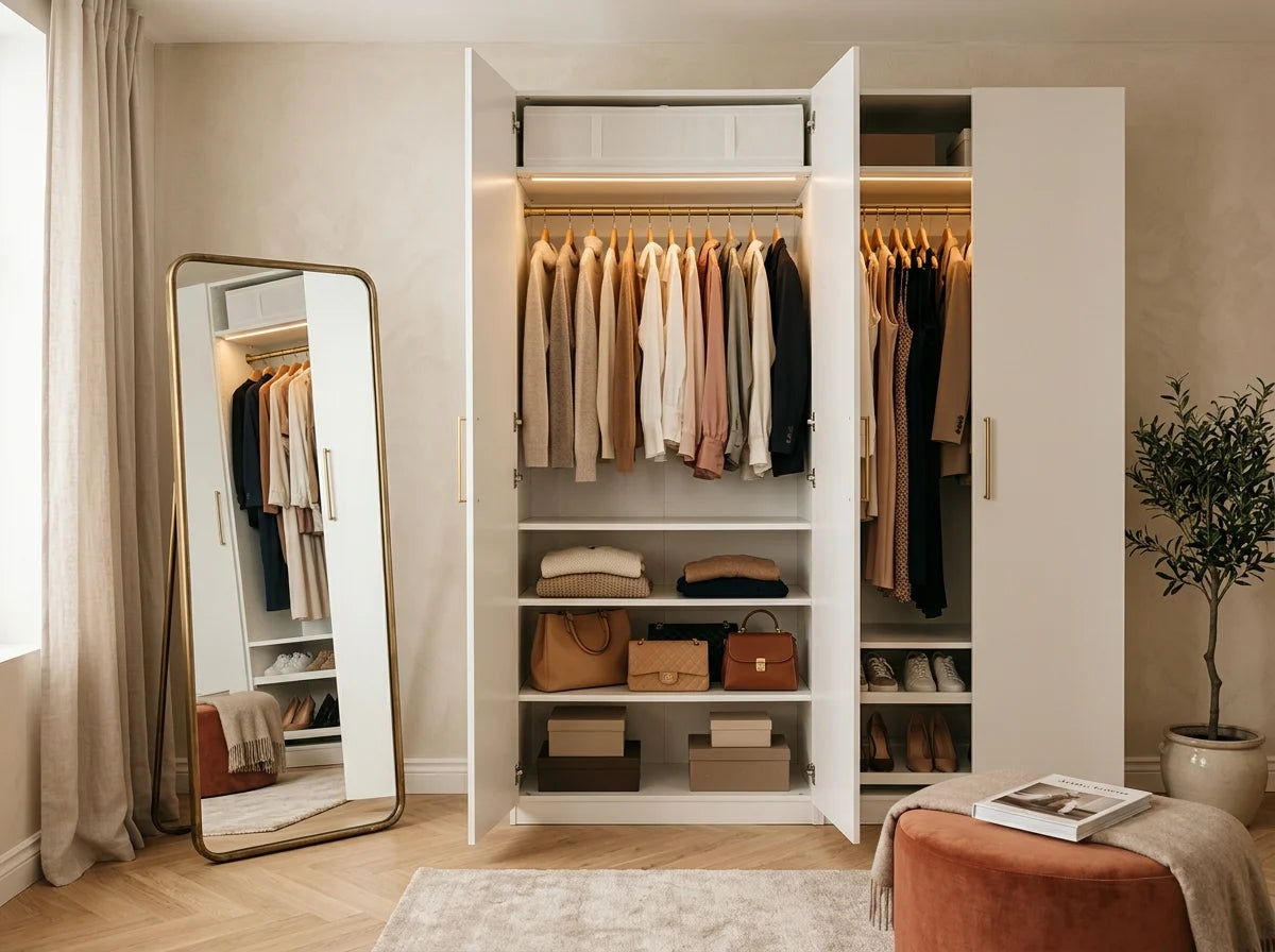 Large modular white wardrobe closet system spanning full wall in elegant master bedroom