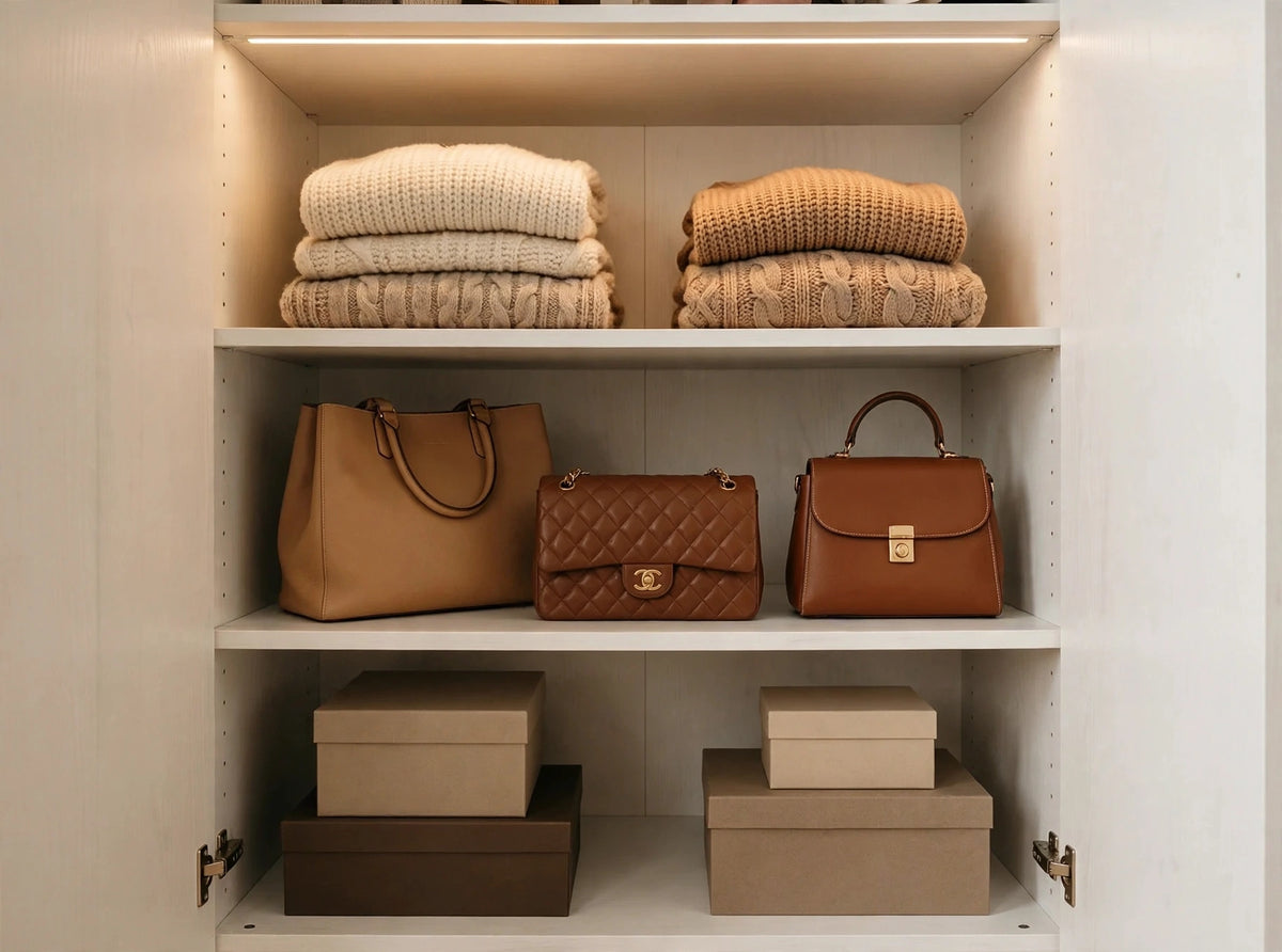 Wardrobe interior with neatly folded sweaters on top shelf, handbags on middle shelf and storage boxes below