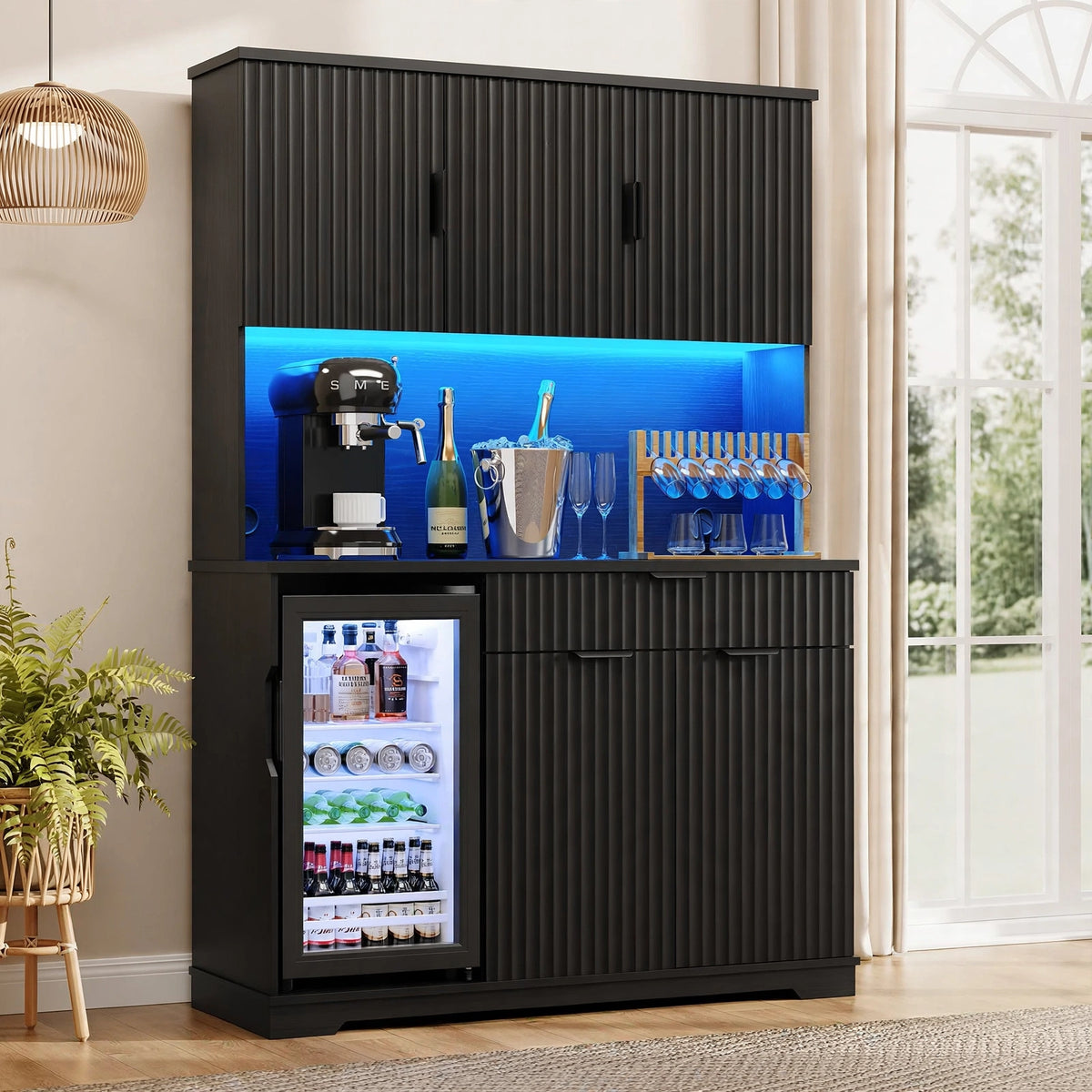 Multifunctional black ash home bar hutch in bright daylight living room with beverage fridge and blue LED prep area