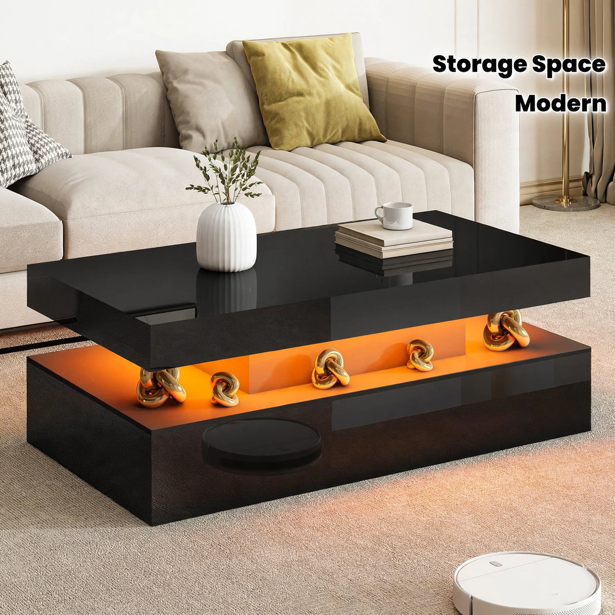 Black glossy floating coffee table with LED base glow and gold decorative sculptures in minimalist living room