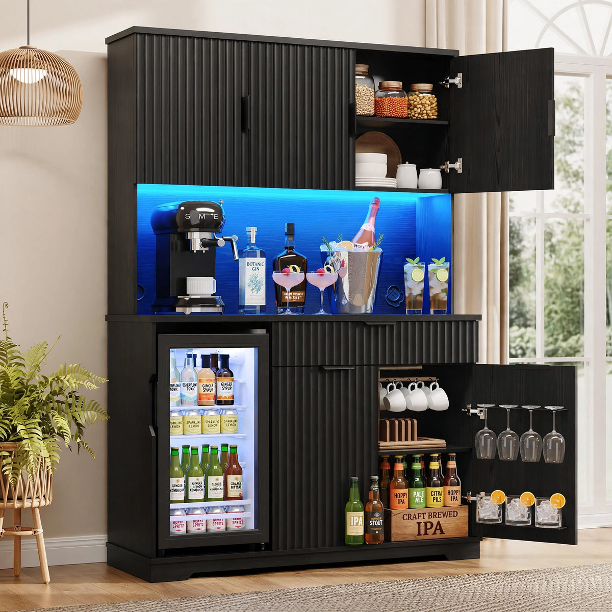 Black ash coffee bar and wine station open showing beverage fridge, blue LED backlighting, stemware racks and upper cabinet storage