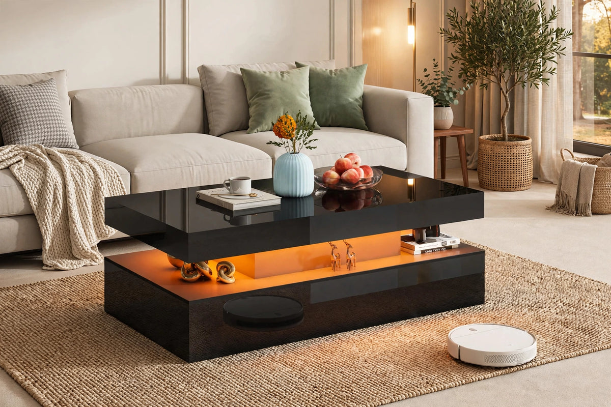 Modern black high-gloss 2-tier coffee table with warm orange LED ambient lighting in cozy living room with beige sofa