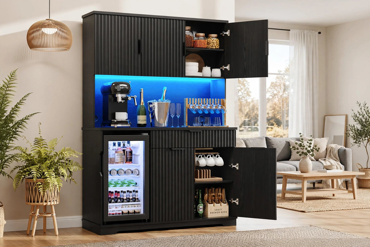 Full view of black ash home bar hutch with open cabinets showing beverage fridge, stemware and pantry storage in modern living room