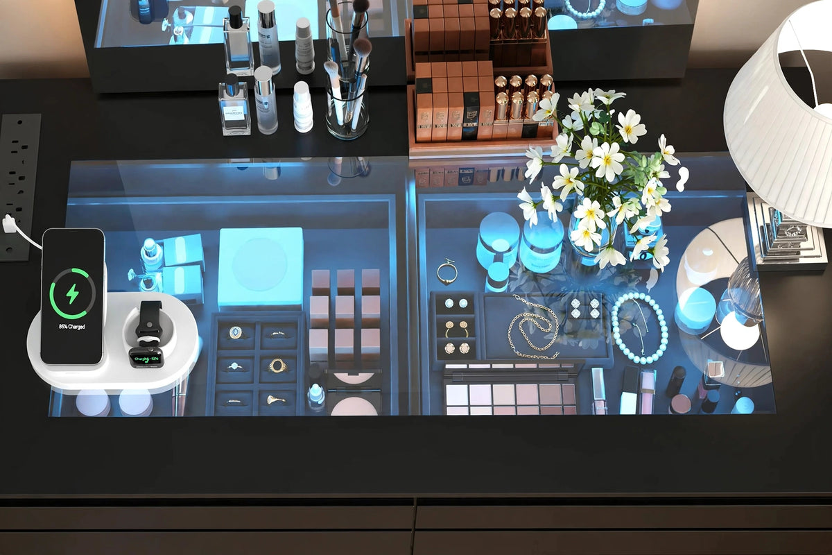 Overhead close-up of dresser LED glass top showing jewelry, makeup palettes, perfumes and wireless charging station with phone and watch