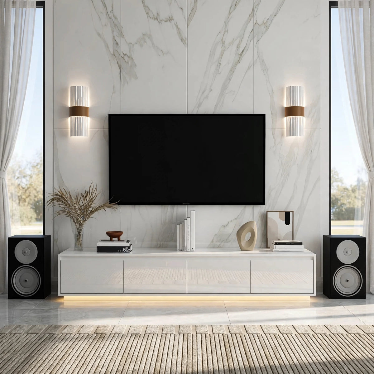 Modern white glossy floating TV console in bright symmetrical living room with marble wall, floor-to-ceiling windows and speakers