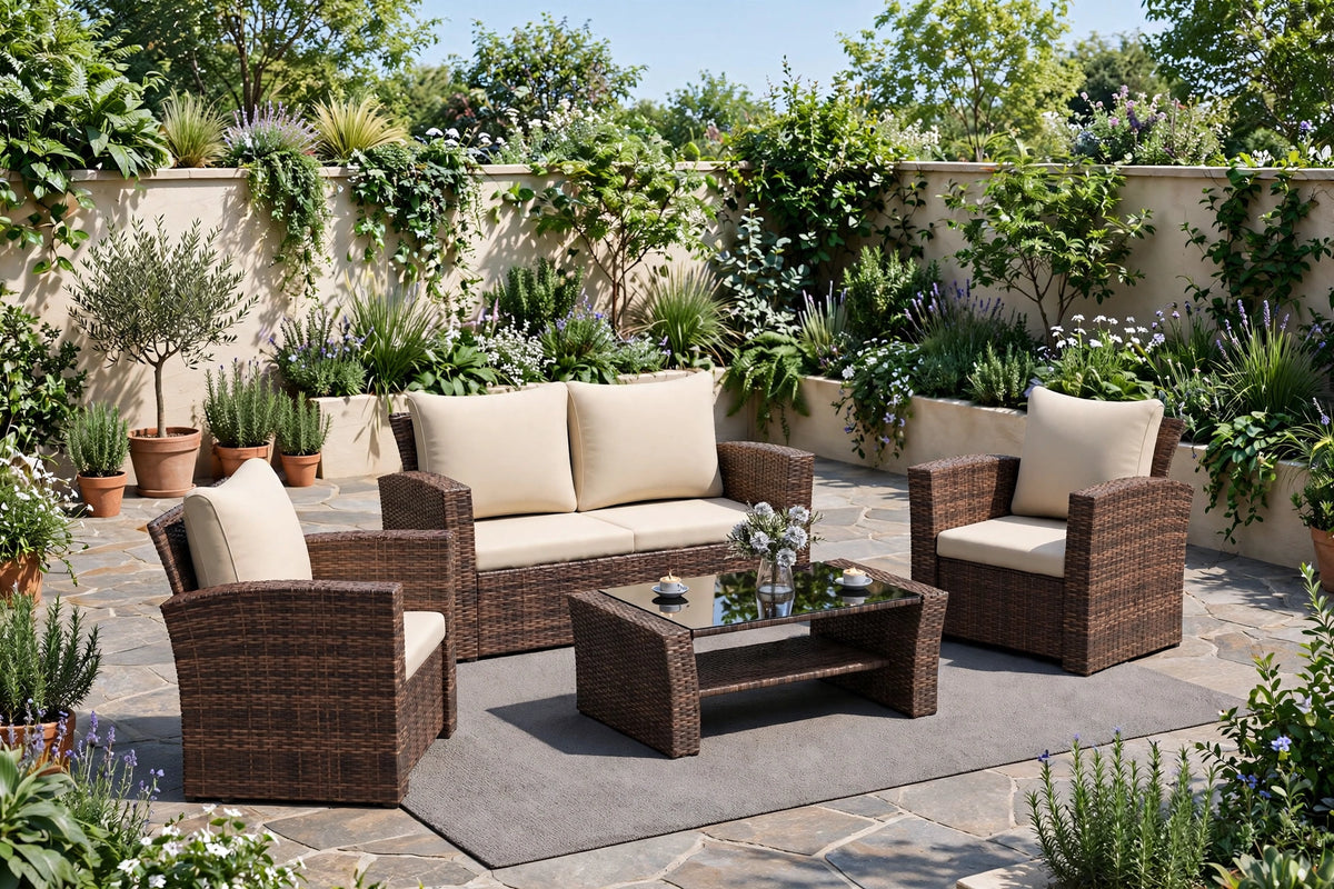 Full 4-piece rattan patio conversation set with cream cushions arranged in lush sunny garden with stone paving and potted plants
